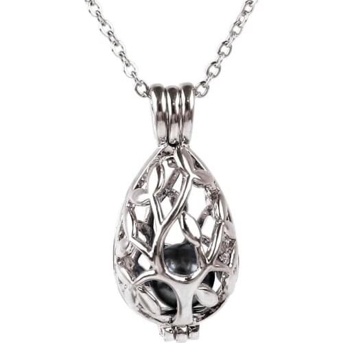 K1601 Silver copper tree plant Water drops Bead Pearl Cage Aroma Essential Oil Diffuser Locket Necklace stainless steel chain