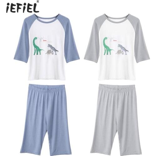 Summer Boys Sleepwear Cotton Pajamas Set Dinosaur Print T-shirt Tops + Cropped Pants Shorts Kids Pyjamas Sets Children Homewear