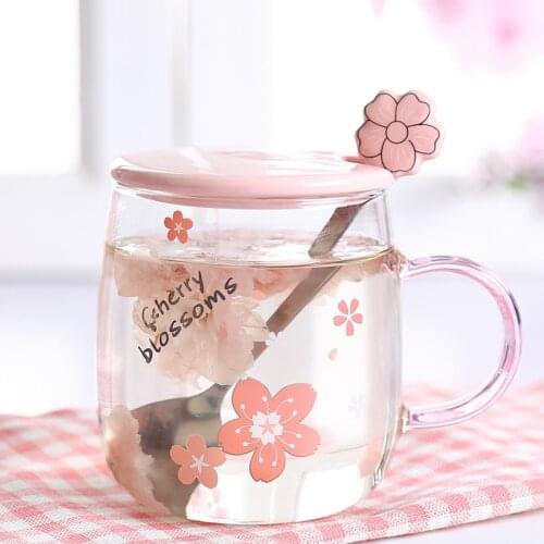 Cute Glass Cups Coffee Mugs Creative Cherry Blossoms Heat-resistant Mug with Lid 500ml Children Tea Milk Cup Office Gifts