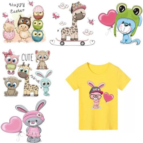 Cute Small Animal Set Iron on Patches Owl Unicorn Cat Dog Kids Heat Transfer Stickers Clothing Application Diy T-shirt Vinyl