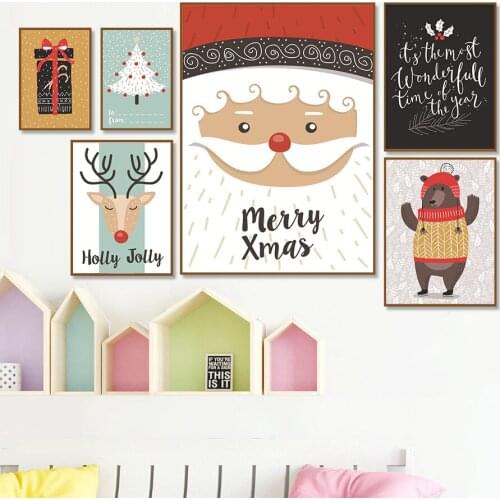 Merry Christmas Wall Art Poster Santa Snow Tree and Deer Animal Modern Canvas Painting Picture Christmas Gift Home Decor Mural