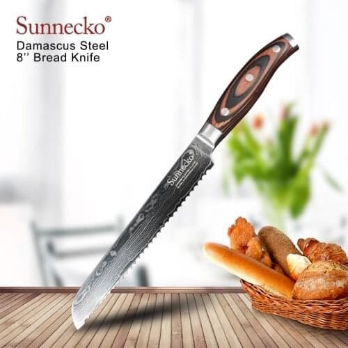 SUNNECKO 8" inch Bread Kitchen Chef Knife Cutting Tools Damascus VG10 Steel Sharp 60HRC Pakka Wood Sanding Handle X-mas Gift