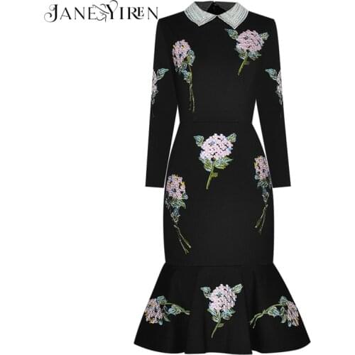 Janeyiren Autumn Women Dress Beaded turn-down collar Rose Embroidery Hot drilling Black Slim Package hip Elegant Mermaid Dresses