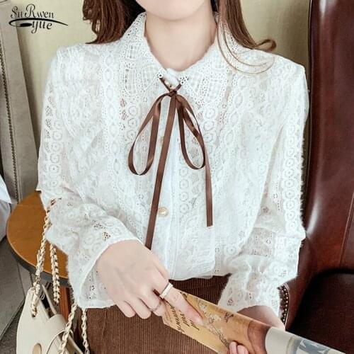 Autumn Lace Ruffled Stitching Bow Shirt Elegant Stand-up Collar Long-sleeve White Blouse Crochet Lacework Button Slim Tops 17030