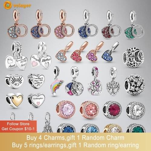 Volayer Spring 925 Sterling Silver Bead Domed Golden Heart Disc Double Heart Split Dangle Charms fit Original Pandora Bracelets