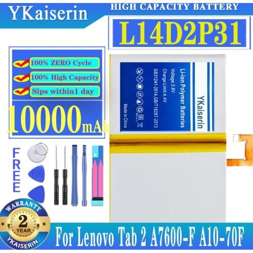 YKaiserin L14D2P31 10000mAh Replacement Battery For Lenovo Tab 2 A7600-F A10-70F Tab2 A10-70 A10-70L new battery + Track code