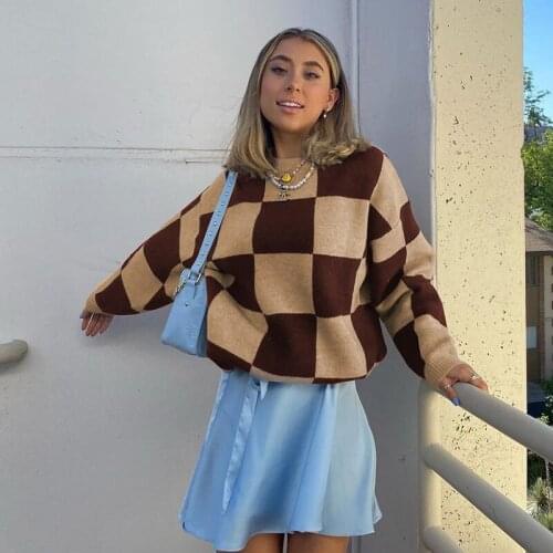 Fashion Women Color Block Sweater Plaid Pattern Long Sleeve Knitwear Blue Brown Sweaters Pullovers Jumpers