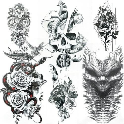 Evil Death Skull Temporary Tattoos For Men Women Snake Skeleton Feather Fake Tattoo Paper Tiger Geometric Rose Flower Tatoo Hand