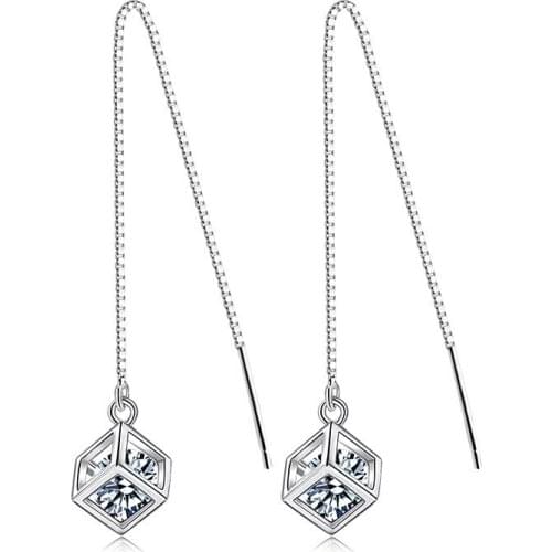 Hight Quality Fashion Jewelry New Square Shiny Zircon 925 Sterling Silver Long Drop Earrings for Women Girls Gift Wholesale