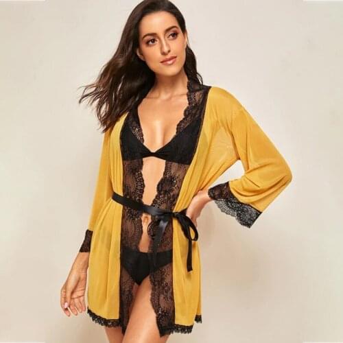 Women Sleepwear Exotic Robe Belt Panties 3 Pcs Sets Mesh Perspective Lace Trim Solid Color Plus Size Nightgown For Ladies