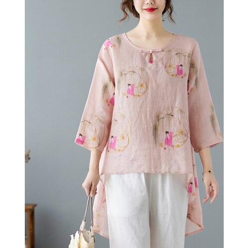 Oversized Women Cotton Linen Casual Long T-shirts New Arrival 2021 Summer Vintage Style O-neck Print Loose Female Tops Tees B230