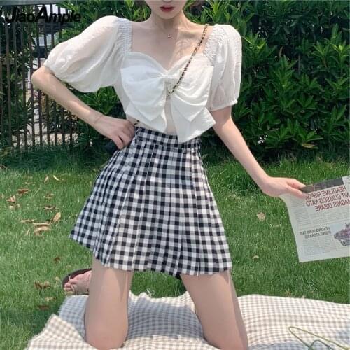 Womens Summer Two Piece Clothing Set 2021 New Girls Student Sweet Big Bow-Knot Chiffon Shirts Mini Plaid Skirts Suit White Tops