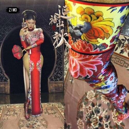 Ancient chinese costume Women sexy pearl High Split Cheongsam Dress print headwear outfits Dance Performance Clothes Sets stage