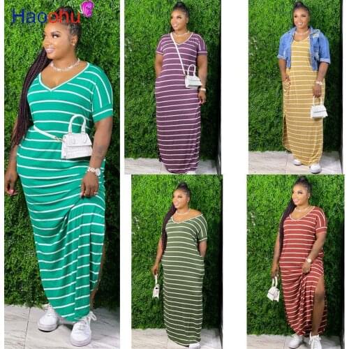 Striped Print Bohemian Dress 2020 Women V Neck short Sleeve Bandage Dress Summer High Waist Loose Beach Maxi Dres plus size