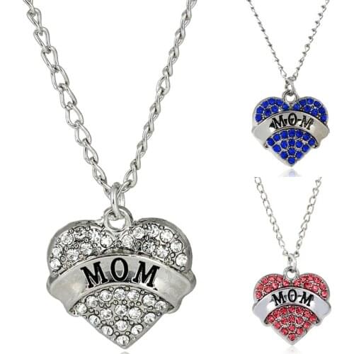 Bespmosp 3 Colors Clear Pink Blue Silver Plated Crystal Pendant Heart Necklace Mom Mommy Mother Rhinestone Family Women Jewelry