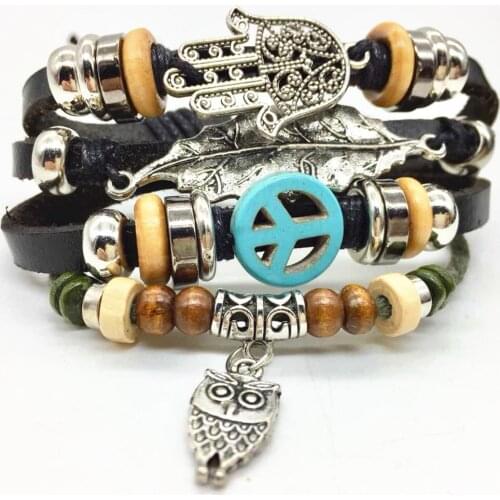 Evil Eye Peace Owl Leaf Bead Vintage Fashion Cuff Bangle Retro Brown Woven Rope Men Leather Bracelets Women Jewelry Accessories