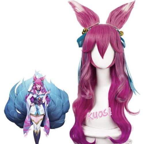 80CM Anime Game Spirit Blossom Ahri Long Wig With Ears Headwear Cosplay Costume Heat Resistant Synthetic Hair Women Wigs