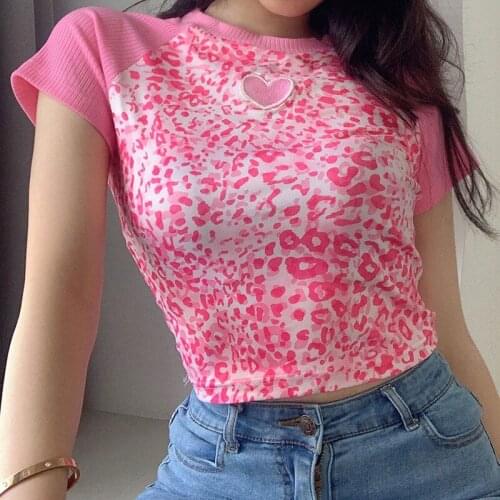 European and American Pink Love Printed Top High Waist Short Round Neck Short Sleeve T-shirt Female Summer