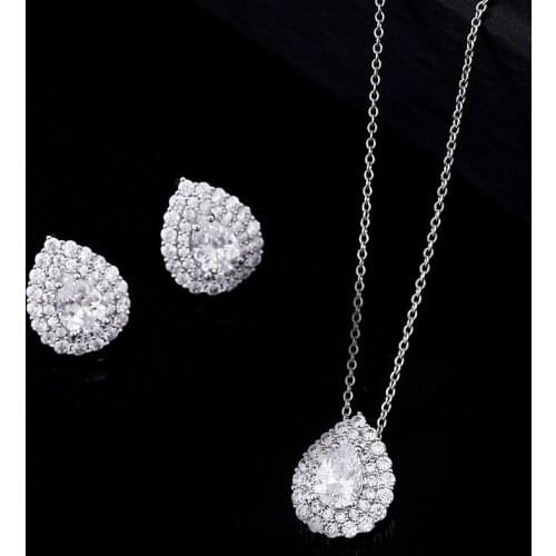 Classic White Gold Color Jewelry Set Water Drop Cut AAA Zircon Paved Two Bands Halo CZ Stones Pendant Necklace Earrings LS3119