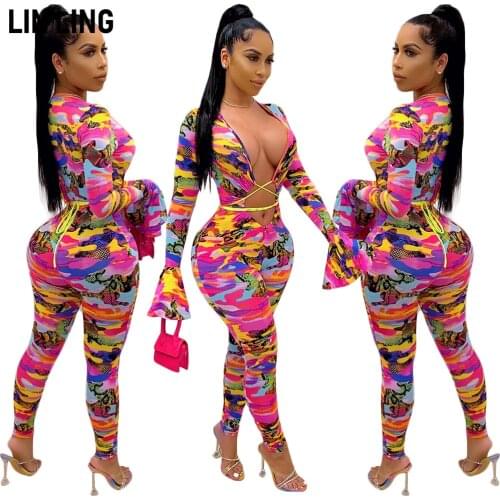 LINLING Hollow Out Strap Open Navel Trumpet Long Sleeve Geometric Camouflage Printing Tight Legged Jumpsuit Sexy Party Dress