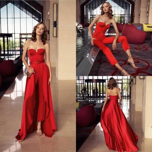 Red Two Pieces Prom Dresses with Detachable Train Sweetheart Satin Jumpsuits Custom Made South African Girls Party Evening Gowns