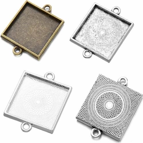 Fit 25x25mm Square Cabochons bronze Antique Silver Cameo/Cabochon Frame Bezel, Pendant Connector Tray blank 5pcs/lot (K05190)
