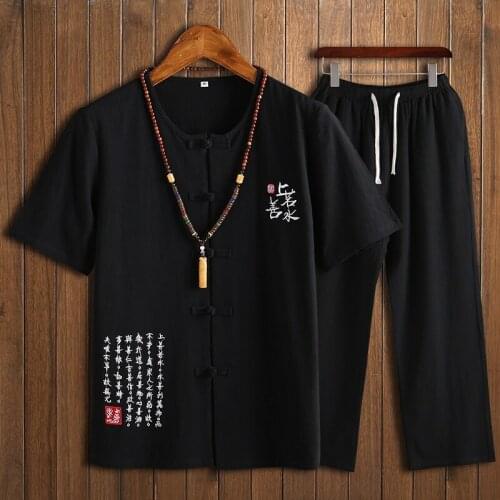 Summer Cotton Linen Short-Sleeved Men Tshirt And Drawstring Strap Ankle Length Pants Chinese Style Men Two-Piece Set 10618