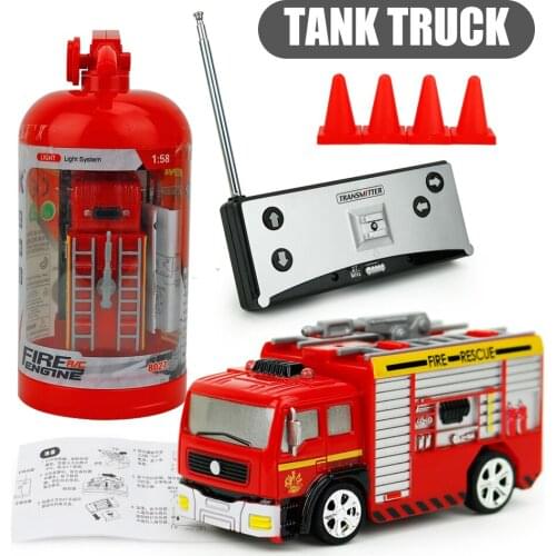 Shenqiwei 8027 Mini 4CH Fire engine Ladder Truck 1:58 RC Truck Toy w/ Fire Extinguisher Case + 4pcs Barricade Mini Car for Kids