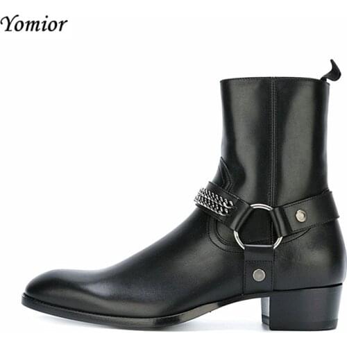 British Style Mens Chelsea Boots Elegant Slip-On Male Real Cow Leather Ankle Boots Trendy Fashion Ring Chain Casual Shoes