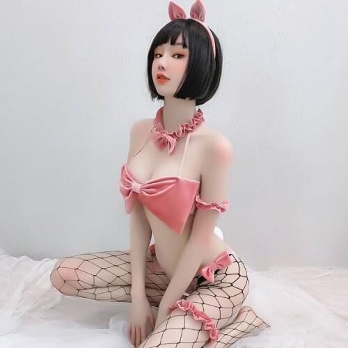 Sexy Bikini Lingerie Sweet Three Point Hanging Neck Style Cute Bunny Girl Transparent Uniform Passion Temptation Suit For Women