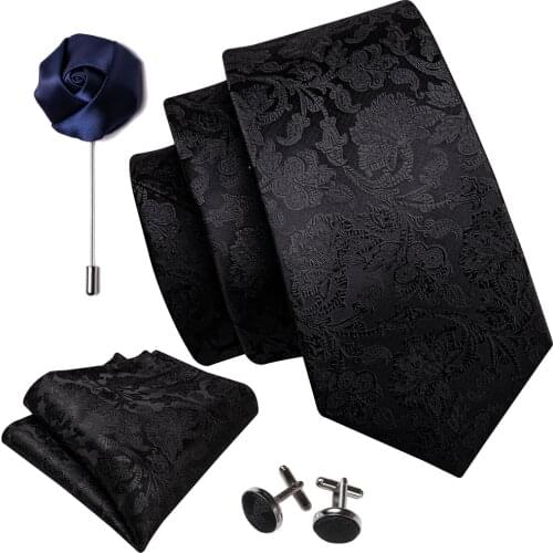 Mens Wedding Tie Black Paisley Solid Silk Neck Ties For Men Gravat Handkerchief Cufflink Brooch Set Barry.Wang Designer FA-5510