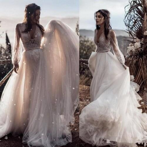 Country Boho Wedding Dress 2021 robe de mariée A Line Tulle Wedding Gowns Sexy V Neck Long Sleeve Bridal Dresses Handmade