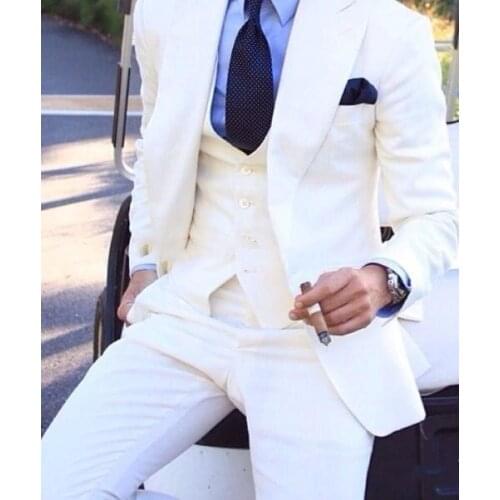 Ivory Wedding Tuxedos Slim Fit Suits For Men Groomsmen Suit Three Pieces Formal Suits (Jacket +Pants+Vest+Bow Tie) costume homme