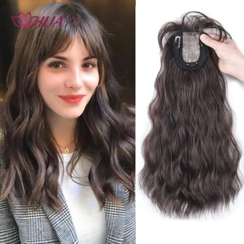 HUAYA Black Brown Bangs Clip in Hair Extensions Wave Hair Clip Synthetic Wigs Overhead Invisible Replacement Cover White Hair