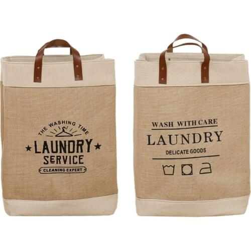 Large Capacity Jute Tote Bags Soft Leather Handles Collapsible Laundry Basket Portable Foldable Handbag Waterproof Sundries