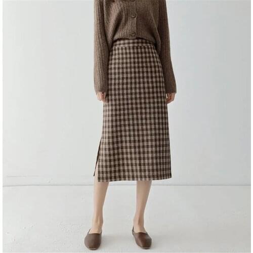 Winter Vintage Plaid High Waist Long Skirts 2021 Women Korean Woolen Slit Skirt Harajuku Streetwear High Waist Midi Pencil Skirt