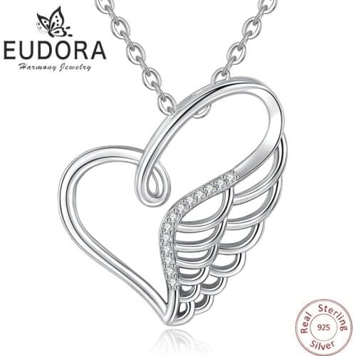 Eudora 925 Sterling Silver Guardian Wing Heart Pendant Necklace Clear CZ Necklaces Fine Jewelry for girl Birthday Gift D248
