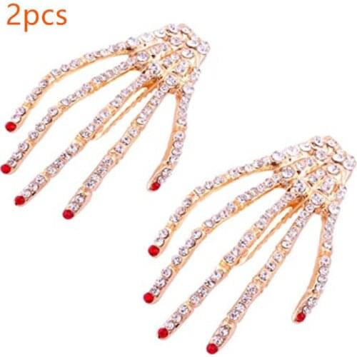 2Pcs/Set Skull Hand Claw Fully Crystal Hairpins For Girls Fashion Shining Rhinestone Hair Clips Headwear Hair Accessories