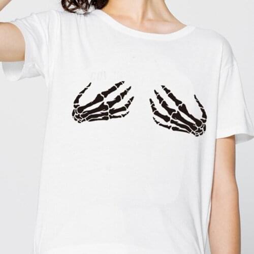 Women Clothing White Bone Hand Funny Printed T shirt Short Sleeve Loose Round Collar Plus Size Cotton Woman Tops Tee Shirt