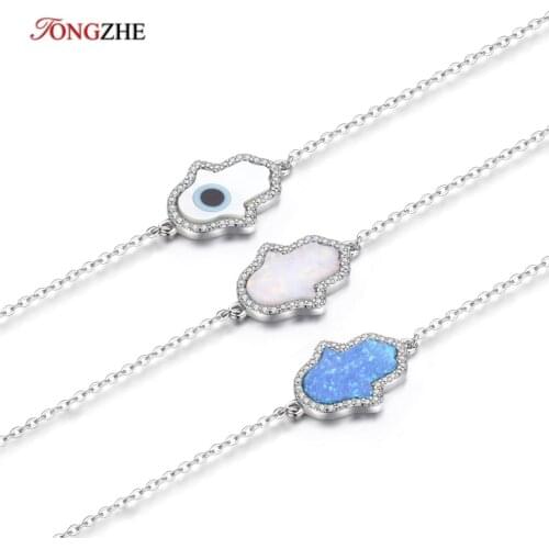 TONGZHE Opal Hand Bracelet Sterling Real 925 Silver Jewelry Hamsa Hand of Fatima Genuine Bracelets for WomenTurkey Jewelry