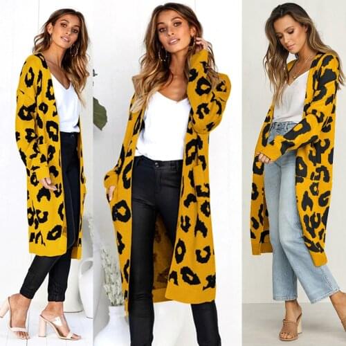 IMucci New Knitted Sweater Women Leopard Pattern Long Style Cardigan Female 2020 Fall Street Loose Knitting Coats Woman Clothing