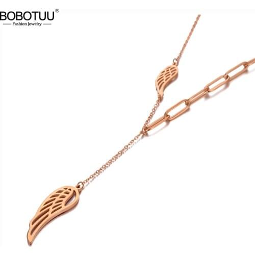 BOBOTUU Goth Titanium Stainless Steel Angel Wings Charm Pendant Necklaces Trendy Rose Gold Choker Necklace For Women BN20114