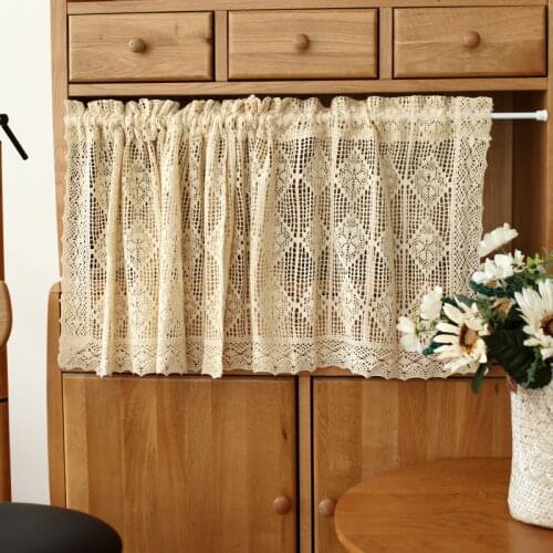 1PCS Knitted Lace Tiers Short Curtains Crocheted Beige Hollow Hole Lace Short Floral Door Curtain Small Kitchen Decroation