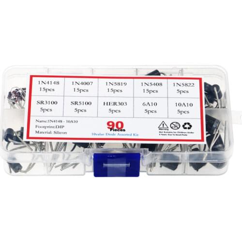 90pcs 10Values 1N4148-10A10 1N4007 1N5819 1N5408 1N5822 SR3100 SR5100 HER303 6A10 Rectifier Diode Bridge Assorted Kit Set