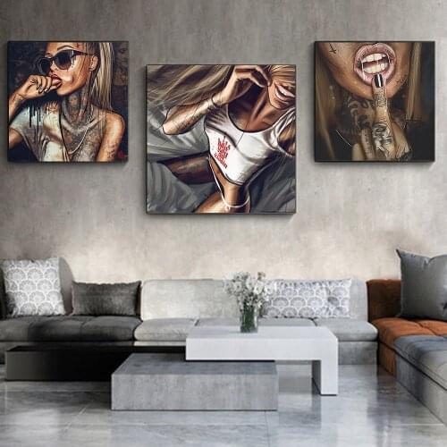 Abstract Cool Sexy Girl Canvas Painting Wear Glasses Sex Women Portrait Posters Print Wall Art Picture Cuadros Living Room Decor