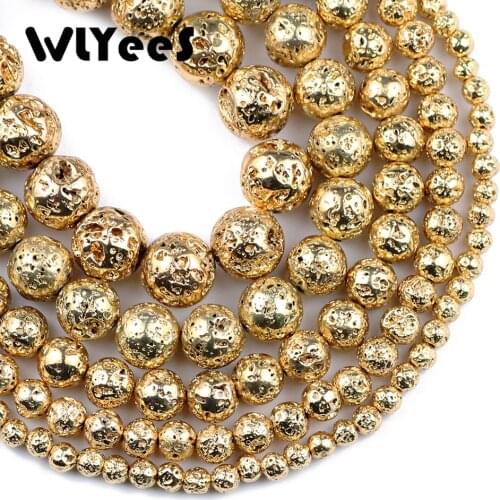 WLYeeS Natural Stone Beads 14 Gold Lava Stone Loose Beads 4 6 8 10 12mm Round Ball for Jewelry Accessories Making Bracelet 15in