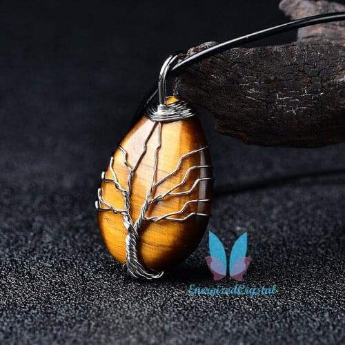 Tree of Life Gemstone Teardrop Pendant Necklace Healing Crystal Chakra Jewelry