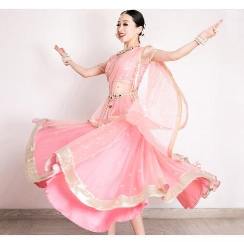 Indian Dress For Women Gauze 3 Piece Suit Pink Short Sleeve Tops Big Swing Skirt Sarees Clothes Bollywood Stage Costumes DQL5877