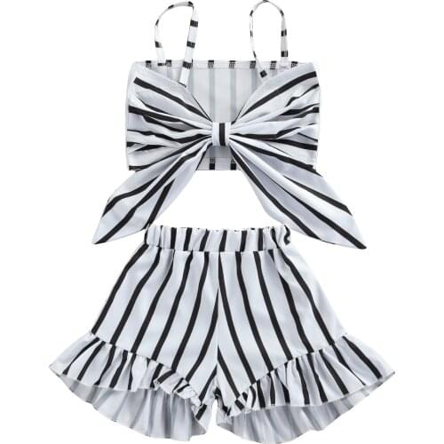New Kids Girls Clothes Sets Striped Printed Bowknot Strapless Vest Tops Shorts 2pcs Outfits