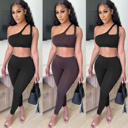 ZKYZWX Two Piece Set Tracksuit Summer Clothing One Shoulder Crop Top Sweatpants Brown Outfit Set Women Night Club Matching Set